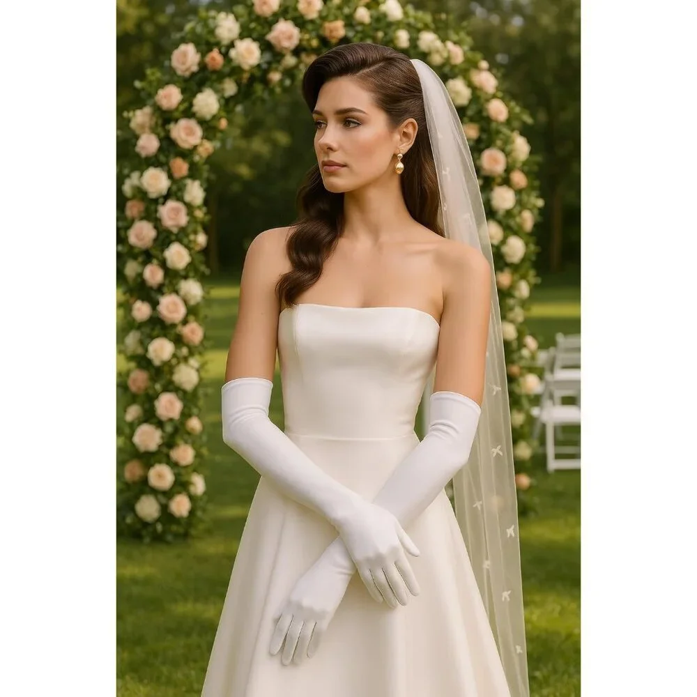 Women's White Vintage Satin Long Gloves Party Costume Stretchy Elbow Length